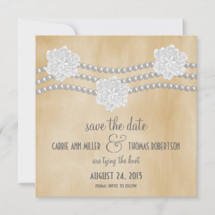 Pearls en Flowers Save the Date Invite, Ivory