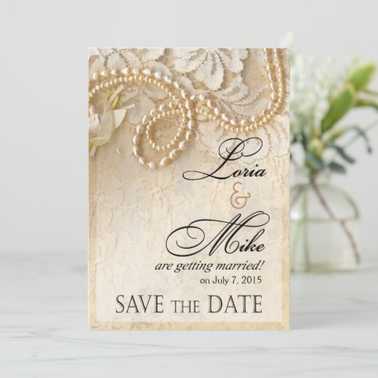 Pearls en kant sparen de Datum | eggshell Save The Date (Staand voorkant)