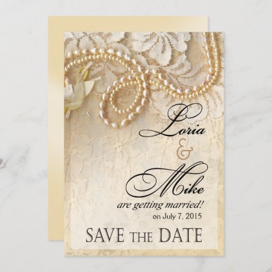 Pearls en kant sparen de Datum | eggshell Save The Date (Voorkant / Achterkant)