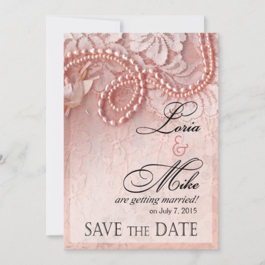 Pearls en kant sparen de Datum | pony roze Save The Date (Voorkant)