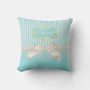Pearls en Lace Aqua Stripes Cream Bow met naam Kussen