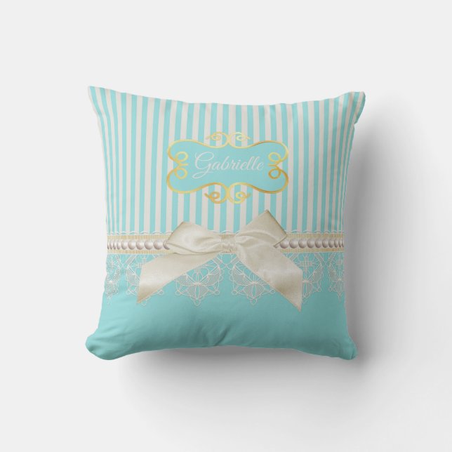 Pearls en Lace Aqua Stripes Cream Bow met naam Kussen (Voorkant)