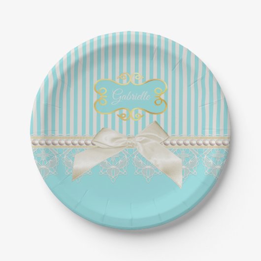 Pearls en Lace Aqua Stripes Cream Bow met naam Papieren Bordje (Voorkant)
