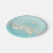 Pearls en Lace Aqua Stripes Cream Bow met naam Papieren Bordje (Gekanteld)