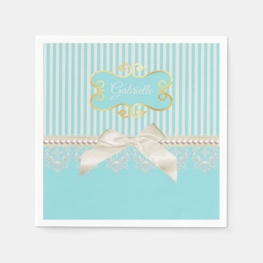 Pearls en Lace Aqua Stripes Cream Bow met naam Servet (Voorkant)