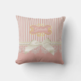 Pearls en Lace Pink Stripes Cream Bow and Name Kussen