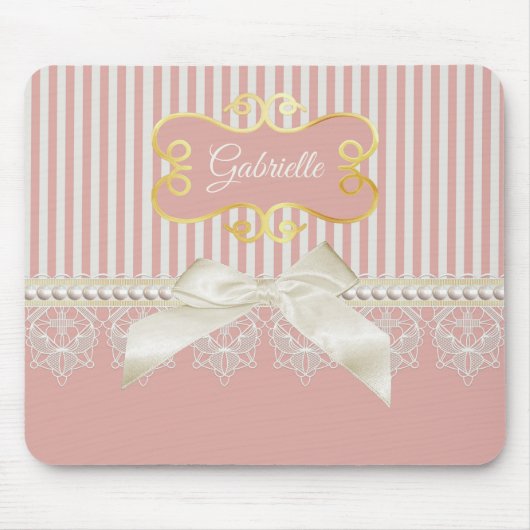 Pearls en Lace Pink Stripes Cream Bow and Name Muismat (Voorkant)