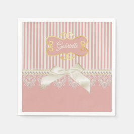 Pearls en Lace Pink Stripes Cream Bow and Name Servet