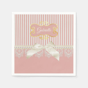 Pearls en Lace Pink Stripes Cream Bow and Name Servet