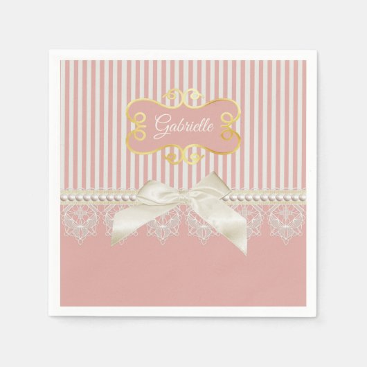 Pearls en Lace Pink Stripes Cream Bow and Name Servet (Voorkant)
