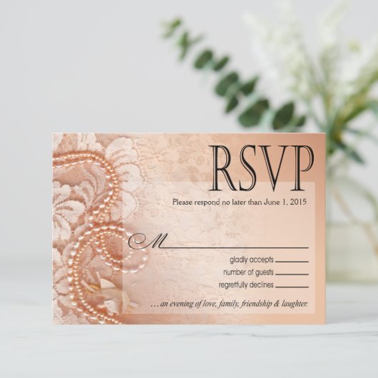 Pearls en Lace RSVP-reactiekaart | perfecte perzik RSVP Kaartje (Staand voorkant)