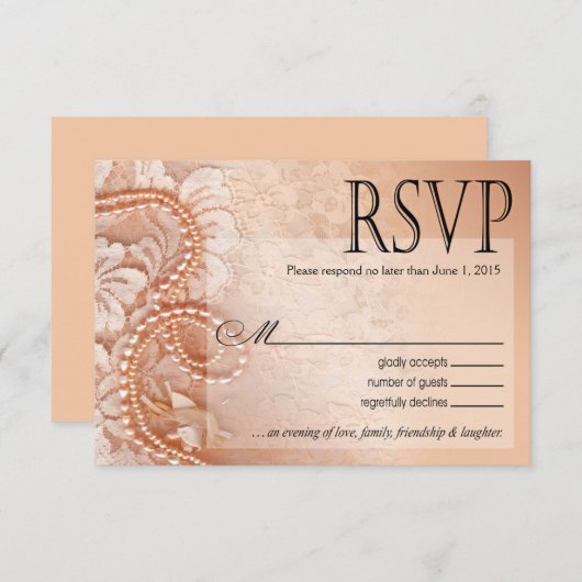 Pearls en Lace RSVP-reactiekaart | perfecte perzik RSVP Kaartje (Voorkant / Achterkant)