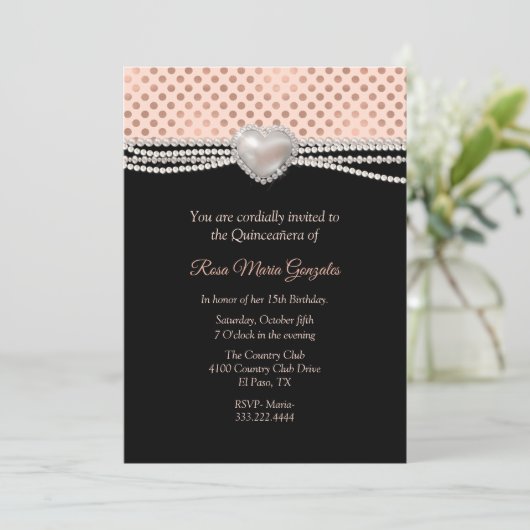 Pearls en Polka Dots Quinceañera Kaart (Staand voorkant)