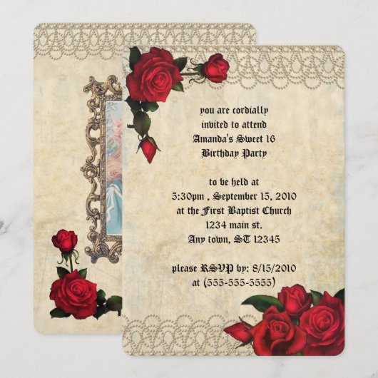 Pearls en Rozen  Foto Sweet 16 Kaart (Voorkant / Achterkant)