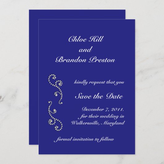 Pearls en Sapphire Blue Save the Date (Voorkant / Achterkant)