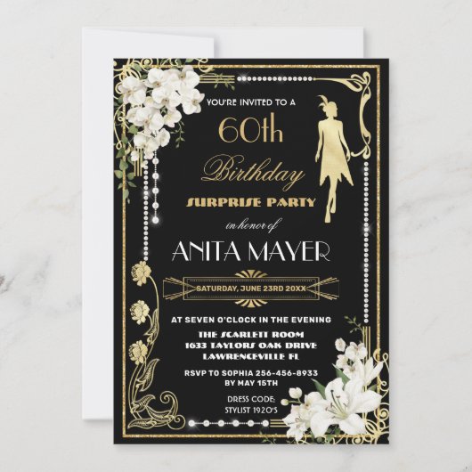 Pearls Floral Art Deco Gatsby Birthday ANY AGINV Kaart (Voorkant)