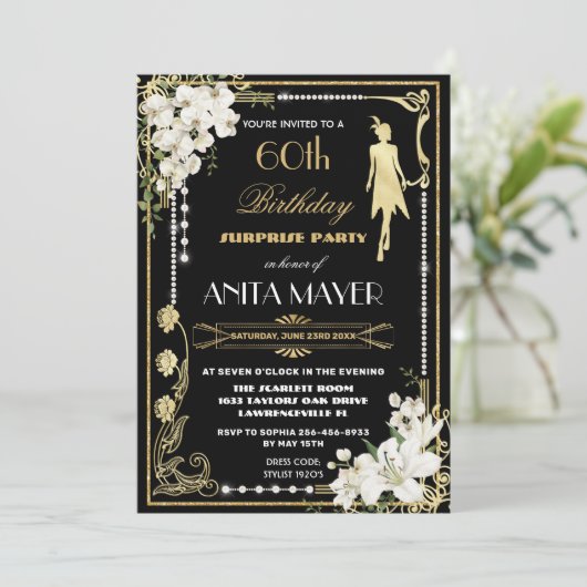 Pearls Floral Art Deco Gatsby Birthday ANY AGINV Kaart (Staand voorkant)