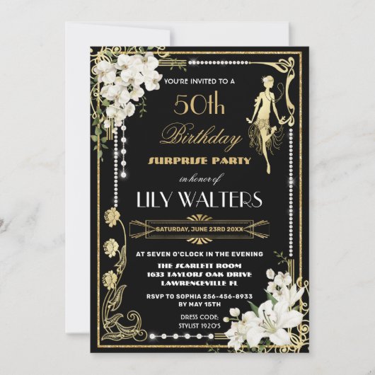 Pearls Floral Art Deco Gatsby Birthday ANY AGINV Kaart (Voorkant)