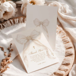 Pearls Gold Bow Girl Baptism Religious Bedankkaart