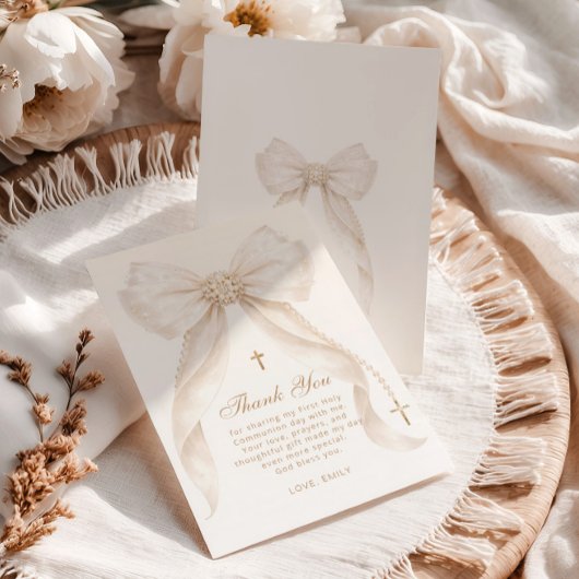 Pearls Gold Bow Girl Baptism Religious Bedankkaart