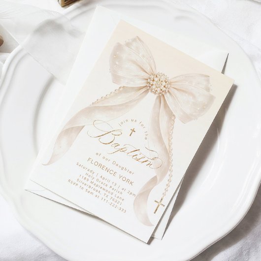 Pearls Gold Bow Girl Baptism Religious Kaart