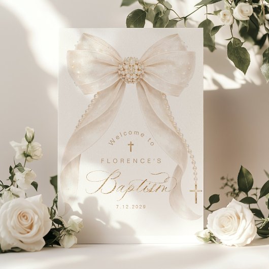 Pearls Gold Bow Girl Baptism Welcome Poster