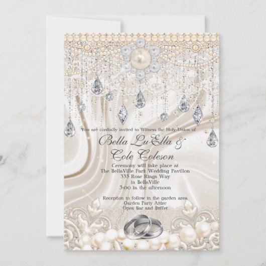 Pearls Lace en Bling Wedding Invitation Kaart (Voorkant)