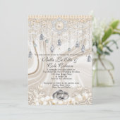 Pearls Lace en Bling Wedding Invitation Kaart (Staand voorkant)