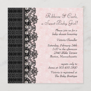 Pearls Lace Pink Black Baby Girl Shower Kaart