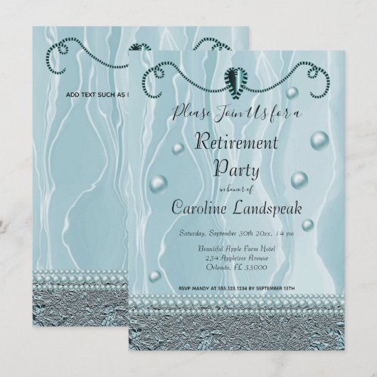 Pearls & Light Blue Silk Retirement Party Kaart (Voorkant / Achterkant)