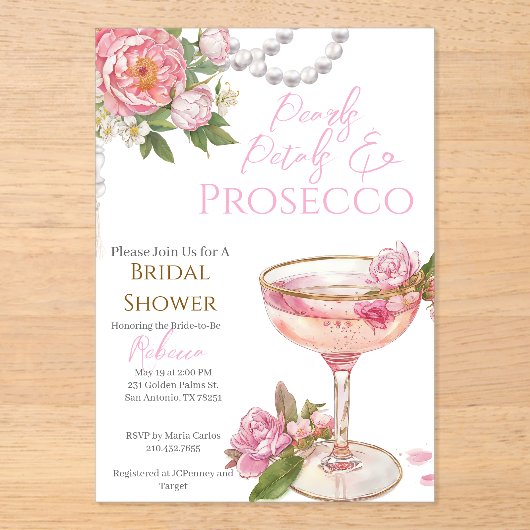 Pearls, Petals & Prosecco Bridal Shower Invitation Acryl Uitnodigingen (Voorkant)