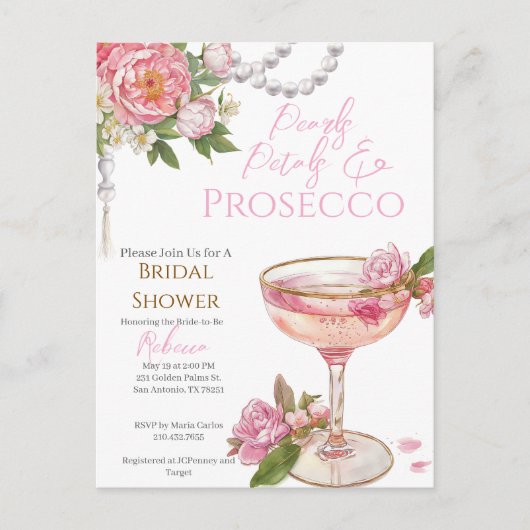 Pearls, Petals & Prosecco Bridal Shower Invitation Briefkaart (Voorkant)