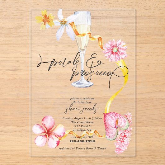 Pearls, Petals + Prosecco | Petals Bridal Shower  Acryl Uitnodigingen (Voorkant)