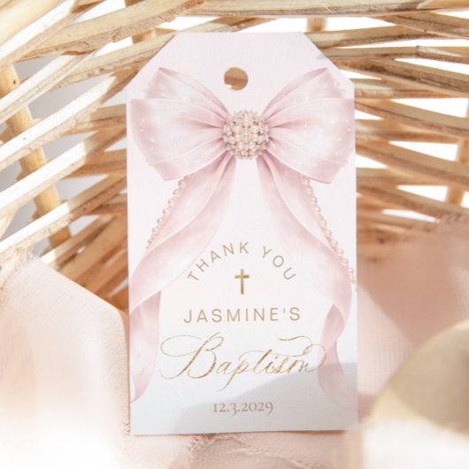 Pearls Pink Bow Baptism Thank you Cadeaulabel