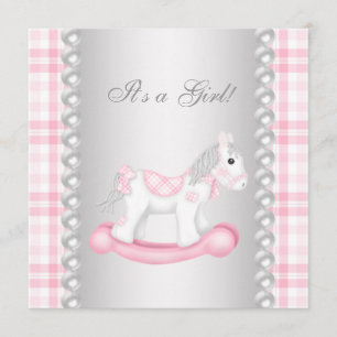 Pearls Pink Gingham Rocking Horse Baby Girl Shower Kaart