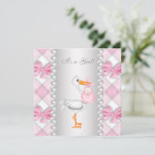 Pearls Pink Stork Baby shower Kaart (Staand voorkant)