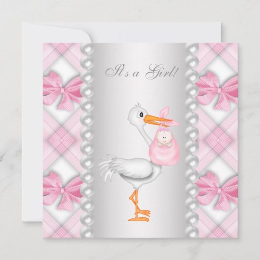 Pearls Pink Stork Baby shower Kaart (Voorkant)