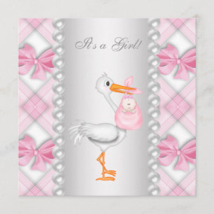 Pearls Pink Stork Baby shower Kaart
