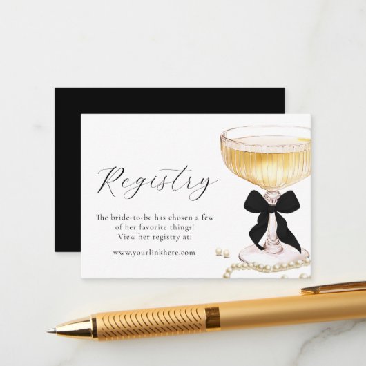 Pearls Prosecco Black Bow Bridal Shower Registry Informatiekaartje (Voorkant / Achterkant in situ)
