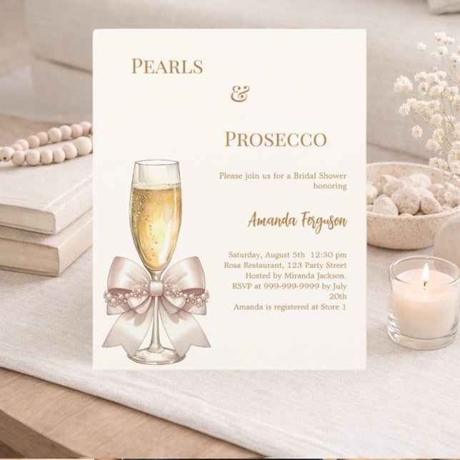 Pearls Prosecco ivory bow Bridal Shower invitation (Creator heeft geüpload)