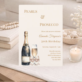 Pearls Prosecco ivory bow elegant birthday  Kaart