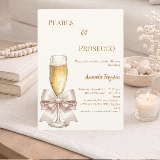Pearls Prosecco ivory golden bow Bridal Shower Kaart