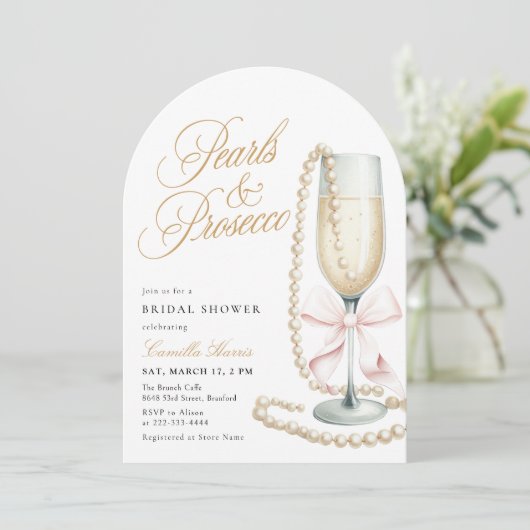Pearls & Prosecco Pink Bow Bridal Shower Kaart (Staand voorkant)