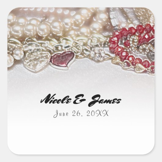 Pearls & Red Valentijn Love Jewels Elegant Chic Vierkante Sticker (Voorkant)