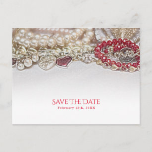 Pearls & Red Valentijn Love Jewels Save the Date Aankondigingskaart