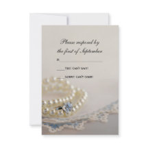 Pearls, Ring, Blue  Lace Wedding RSVP Kaart