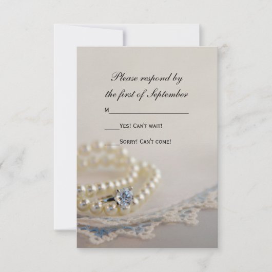 Pearls, Ring, Blue  Lace Wedding RSVP Kaart (Voorkant)