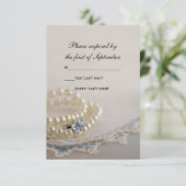 Pearls, Ring, Blue  Lace Wedding RSVP Kaart (Staand voorkant)