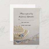 Pearls, Ring, Blue  Lace Wedding RSVP Kaart (Voorkant / Achterkant)