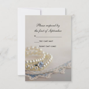 Pearls, Ring, Blue  Lace Wedding RSVP Kaart